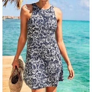 ATHLETA Santorini Blue Floral Modal Shift Dress Women Sz M Stretch High Neck